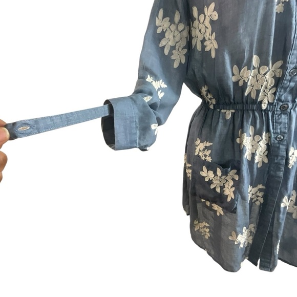 New York & Company Embroidered Floral Gauzy Denim Blue and White Dress - Picture 5 of 14